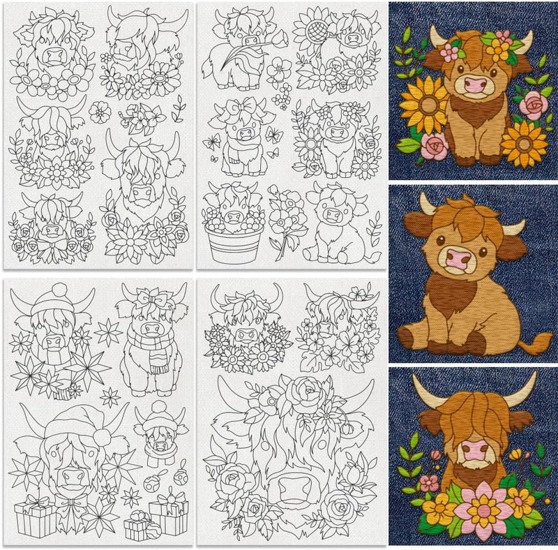 DOODLREAM 21Pcs Highland Cow Flower Water Soluble Hand Sewing Stabilizers, 8.3"x11.7" Cute Highland Cow Embroidery Pattern Stabilizer, 4 Sheets Floral Cows Stick and Stitch Embroidery Paper Sticker - Image 1